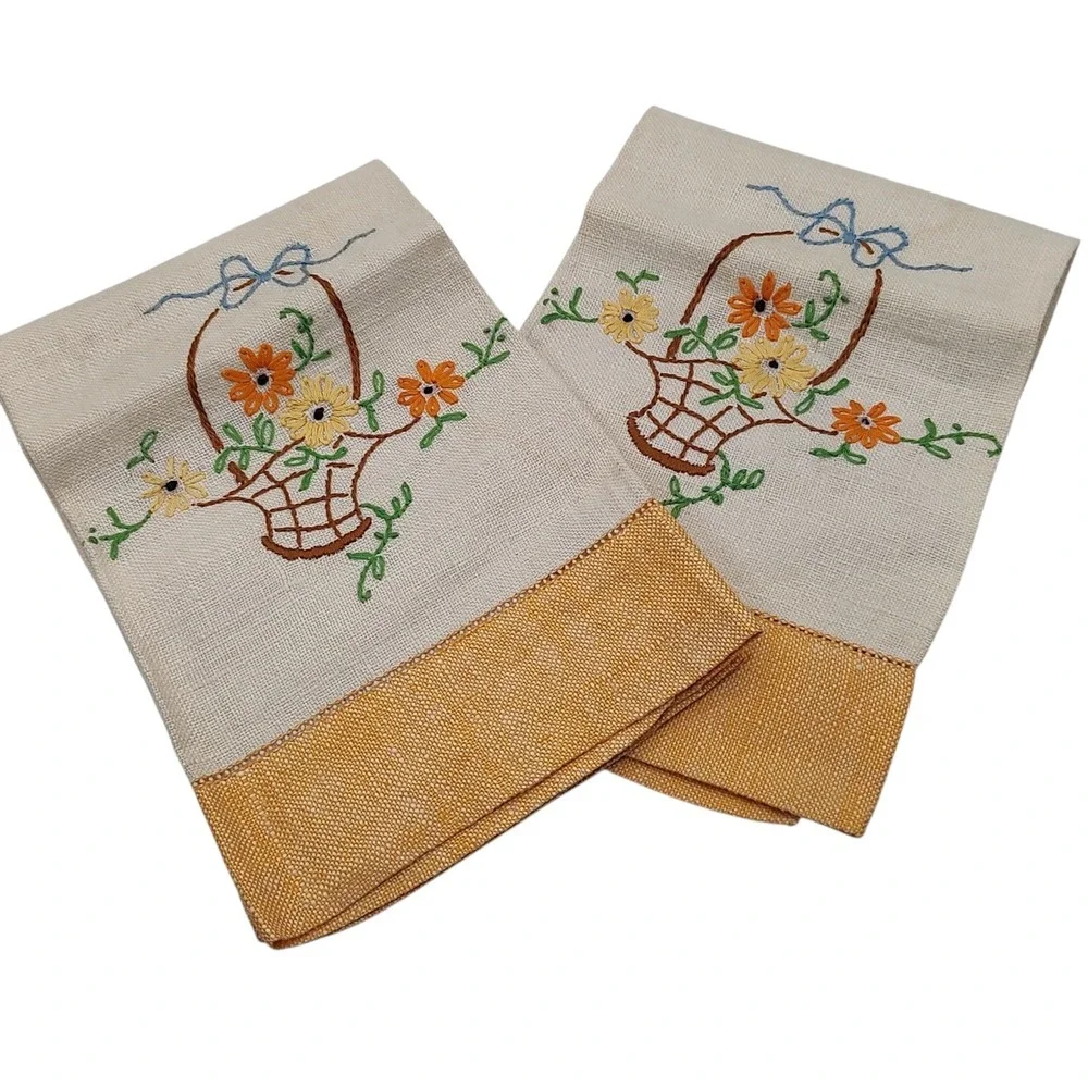 Vintage Handmade Embroidered Tea Towel Linen Yellow Orange Floral Set of Two SEE